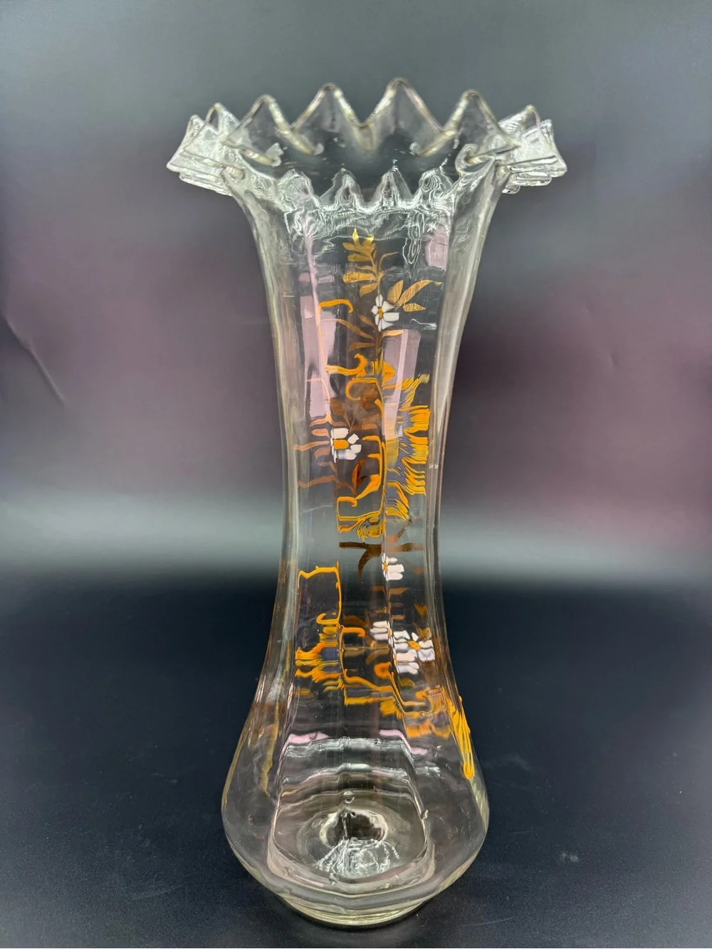 Antique Moser Handblown Handpainted Art Glass Fluted Vase